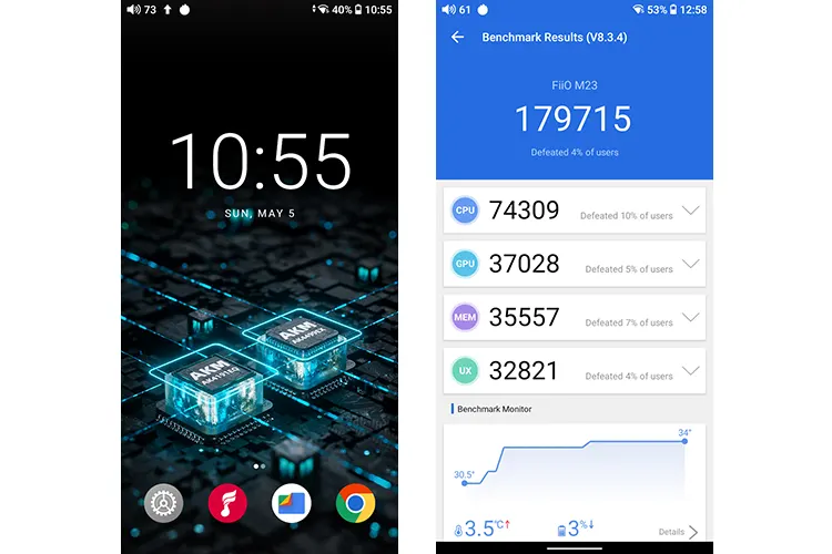 FiiO M23 home screen and AnTuTu score
