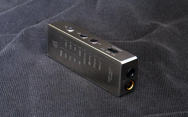 iFi Audio GO bar Kensei on its side on grey fabric
