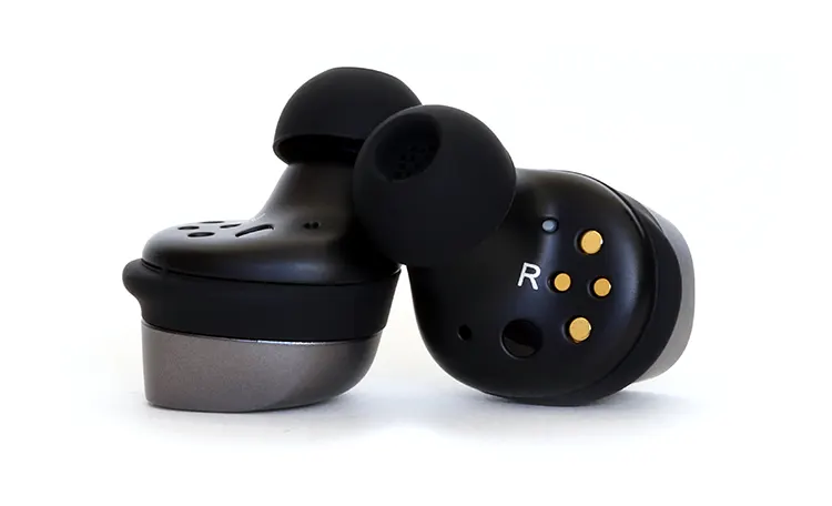 Sennheiser MOMENTUM True Wireless 4 nozzle pointing up on a white background
